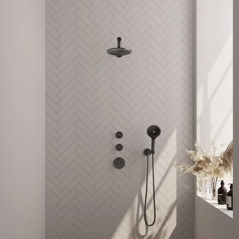 Nu Kopen Brauer Gunmetal Carving Regendoucheset: Thermostatische Inbouwkraan met Stopkranen, Rechte Wandarm, Douchekop 20cm, Wandhouder met Wateruitlaat, 3-Standen Handdouche & Doucheslang - Set 7 - Geribbeld Draaiknoppen - PVD - Geborsteld Gunmetal
