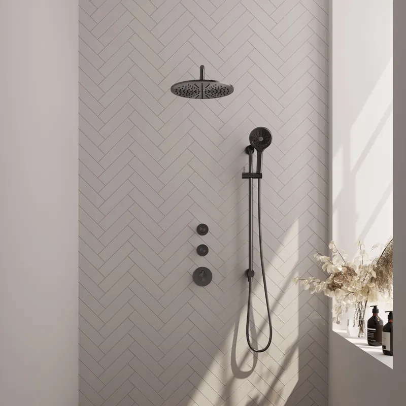 Superprijs Brauer Gunmetal Carving Regendoucheset: Thermostatische Inbouwkraan met Stopkranen, Gebogen Wandarm, Douchekop 30cm, Glijstang met Wateruitlaat, 3-Standen Handdouche & Doucheslang - Set 22 - Geribbeld Draaiknoppen - PVD - Geborsteld Gunmetal