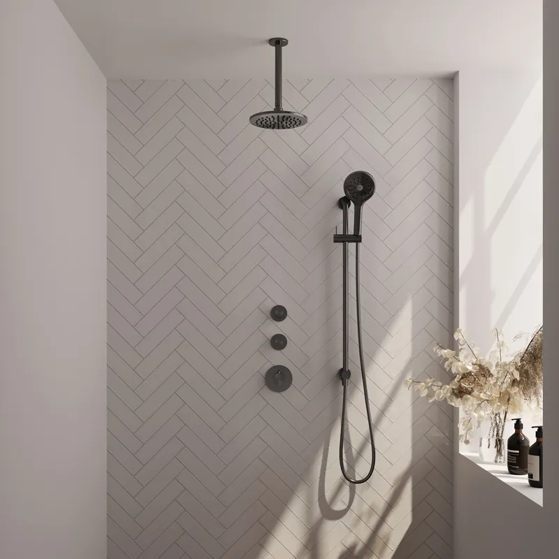 Brauer Gunmetal Carving Regendoucheset: Thermostatische Inbouwkraan met Stopkranen, Plafondarm, Douchekop 20cm, Glijstang met Wateruitlaat, 3-Standen Handdouche & Doucheslang - Set 23 - Geribbeld Draaiknoppen - PVD - Geborsteld Gunmetal Nieuw