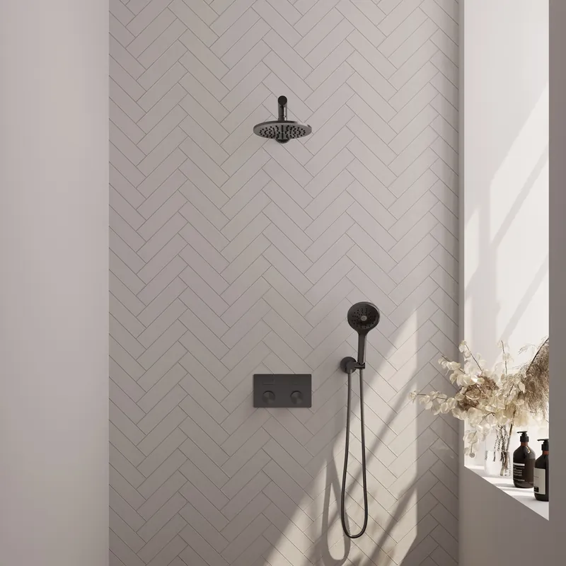 Betaalbaar Brauer Gunmetal Carving Regendoucheset: Thermostatische Inbouwkraan met Drukknoppen, Rechte Wandarm, Douchekop 20cm, Wandhouder met Wateruitlaat, 3-Standen Handdouche & Doucheslang - Set 55 - Geribbeld Draaiknoppen - PVD - Geborsteld Gunmetal