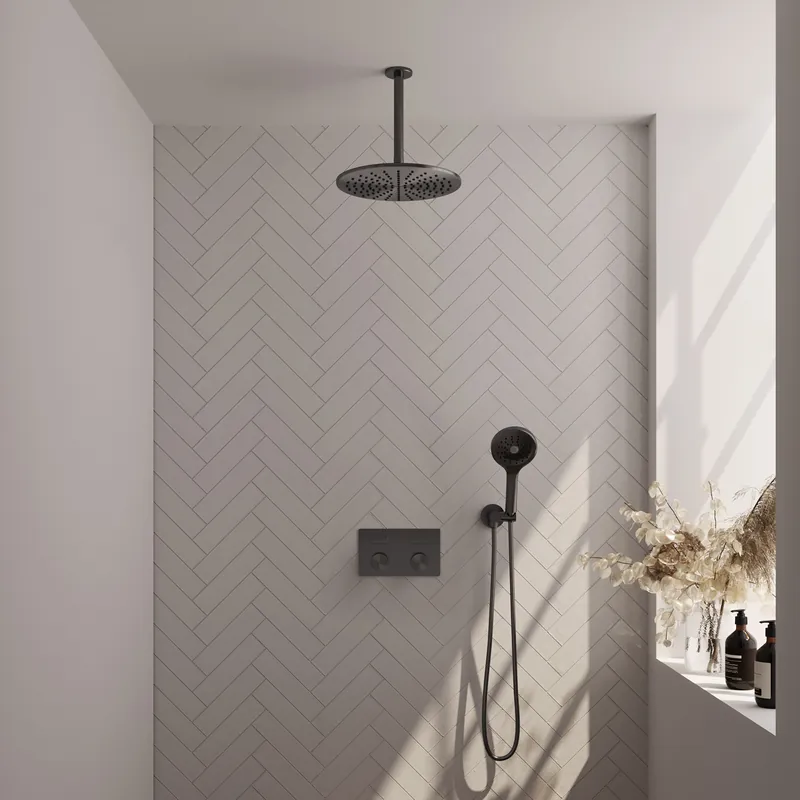 Brauer Gunmetal Carving Regendoucheset: Thermostatische Inbouwkraan met Drukknoppen, Plafondarm, Douchekop 30cm, Wandhouder met Wateruitlaat, 3-Standen Handdouche & Doucheslang - Set 60 - Geribbeld Draaiknoppen - PVD - Geborsteld Gunmetal Speciale Aanbieding