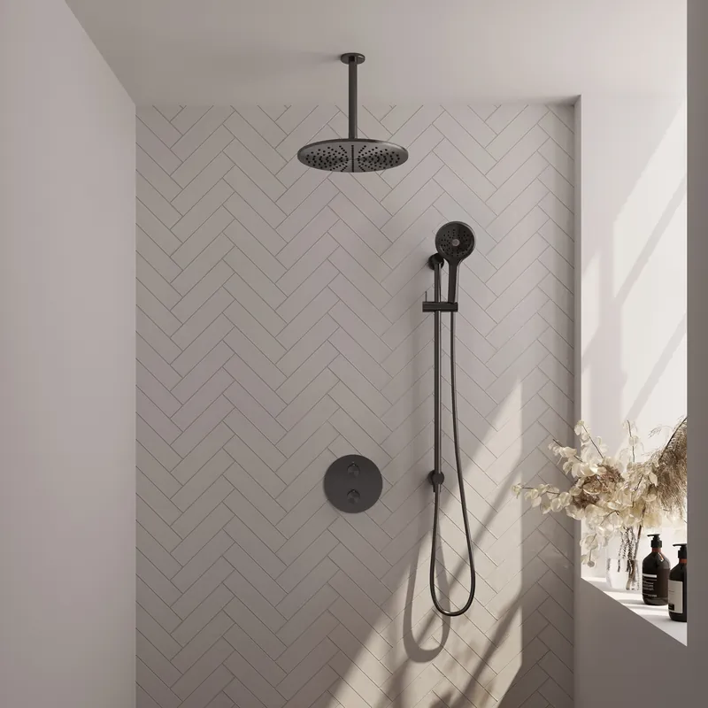 Brauer Gunmetal Carving Regendoucheset: Thermostatische Inbouwkraan met 3-Weg Omstel, Plafondarm, Douchekop 30cm, Geintegreerde Glijstang, 3-Standen Handdouche & Doucheslang - Set 96 - Draaiknoppen - Geborsteld Gunmetal Rechtstreeks Van De Fabrikant