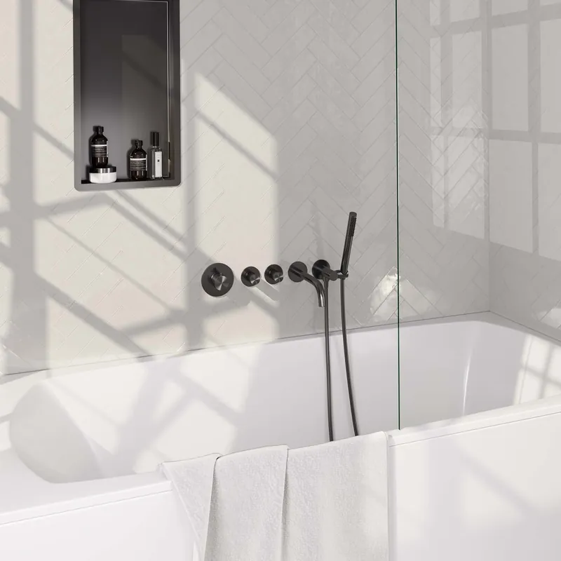 Hete Deal Brauer Gunmetal Carving Thermostatische Inbouw Badkraan met Omstel, Uitloop, Stopkranen, Wandhouder met Wateruitlaat, Staafhanddouche & Doucheslang - Set 1 - Geribbeld Draaiknoppen - PVD - Geborsteld Gunmetal