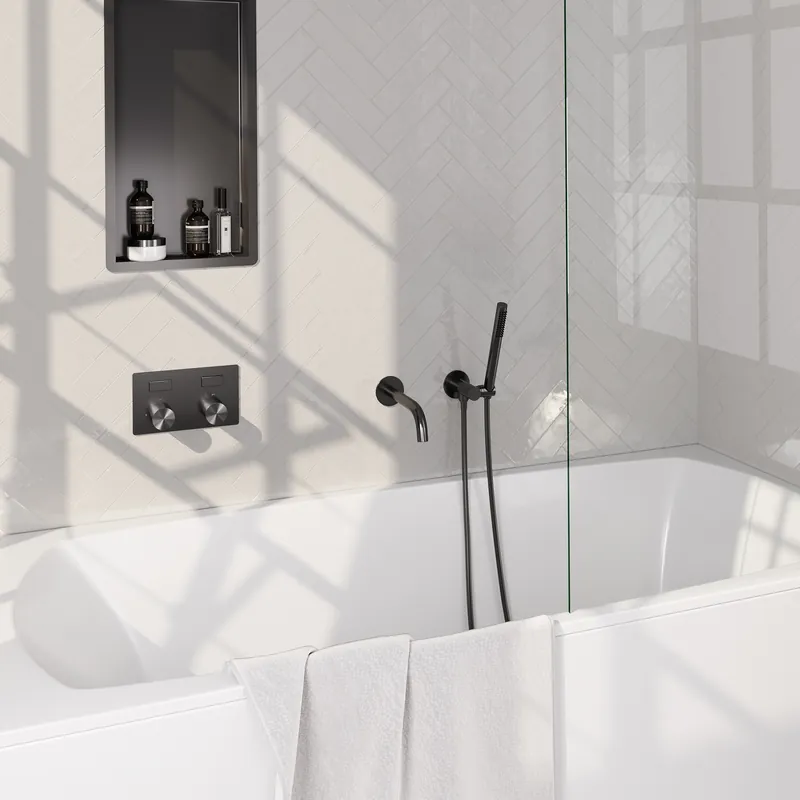 Brauer Gunmetal Carving Thermostatische Inbouw Badkraan met Omstel, Uitloop, Drukknoppen, Wandhouder met Wateruitlaat, Staafhanddouche & Doucheslang - Set 3 - Geribbeld Draaiknoppen - PVD - Geborsteld Gunmetal Bestel Nu