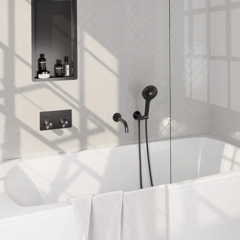 Brauer Gunmetal Carving Thermostatische Inbouw Badkraan met Omstel, Uitloop, Drukknoppen, Wandhouder met Wateruitlaat, 3-Standen Handdouche & Doucheslang - Set 4 - Geribbeld Draaiknoppen - PVD - Geborsteld Gunmetal Uitverkoop