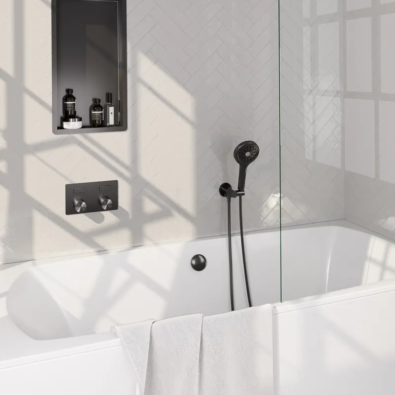 Brauer Gunmetal Carving Thermostatische Inbouw Badkraan met Omstel, Badvulcombinatie, Drukknoppen, Wandhouder met Wateruitlaat, 3-Standen Handdouche & Doucheslang - Set 4 - Geribbeld Draaiknoppen - PVD - Geborsteld Gunmetal Goedkoop