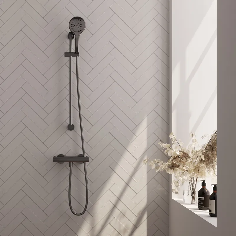 Laatste Versie Brauer Gunmetal Edition Doucheset: Thermostatische Opbouwkraan met Glijstang, Staafhanddouche & Doucheslang - Set 2 - Draaiknoppen - PVD - Geborsteld Gunmetal