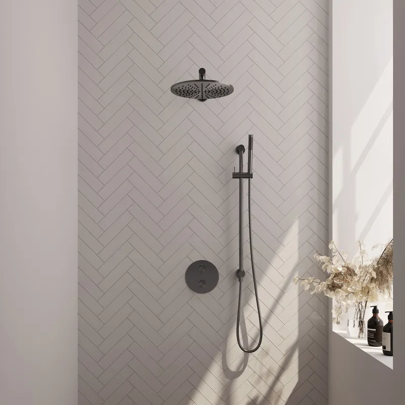 Brauer Gunmetal Edition Regendoucheset: Thermostatische Inbouwkraan met 3-Weg Omstel, Rechte Wandarm, Douchekop 30cm, Geintegreerde Glijstang, Staafhanddouche & Doucheslang - Set 86 - Draaiknoppen - Geborsteld Gunmetal Gecertificeerd