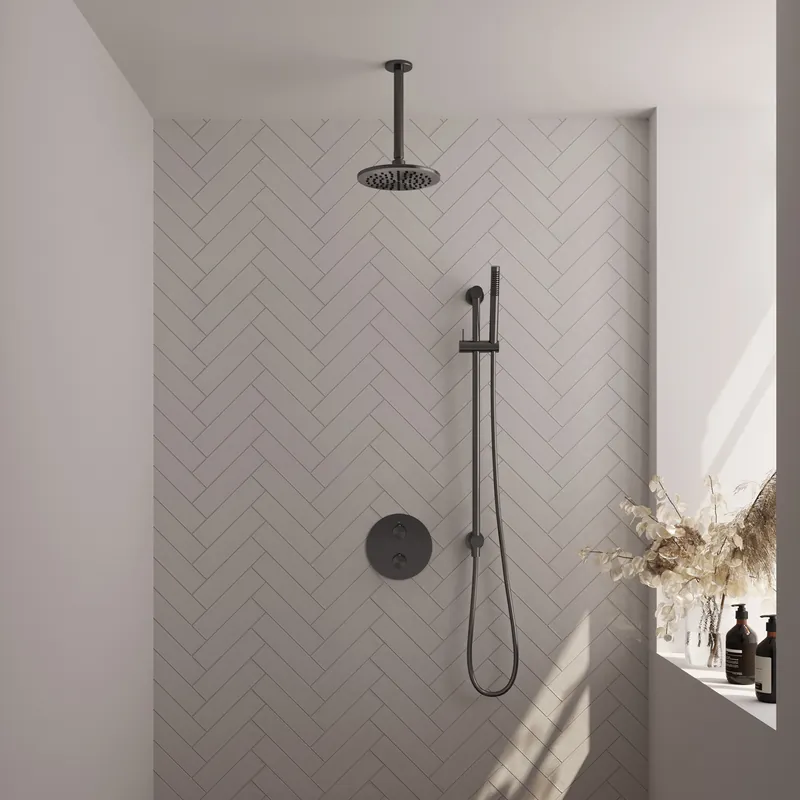 Brauer Gunmetal Edition Regendoucheset: Thermostatische Inbouwkraan met 3-Weg Omstel, Plafondarm, Douchekop 20cm, Geintegreerde Glijstang, Staafhanddouche & Doucheslang - Set 89 - Draaiknoppen - Geborsteld Gunmetal Aanbieding
