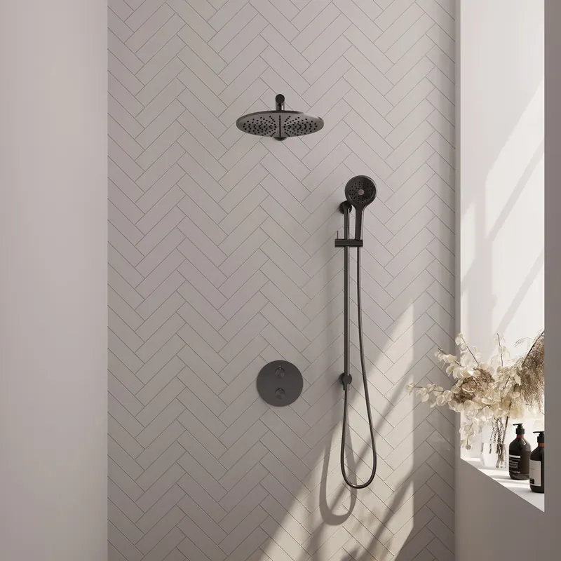 Actieprijs Brauer Gunmetal Edition Regendoucheset: Thermostatische Inbouwkraan met 3-Weg Omstel, Rechte Wandarm, Douchekop 30cm, Geintegreerde Glijstang, 3-Standen Handdouche & Doucheslang - Set 92 - Draaiknoppen - Geborsteld Gunmetal