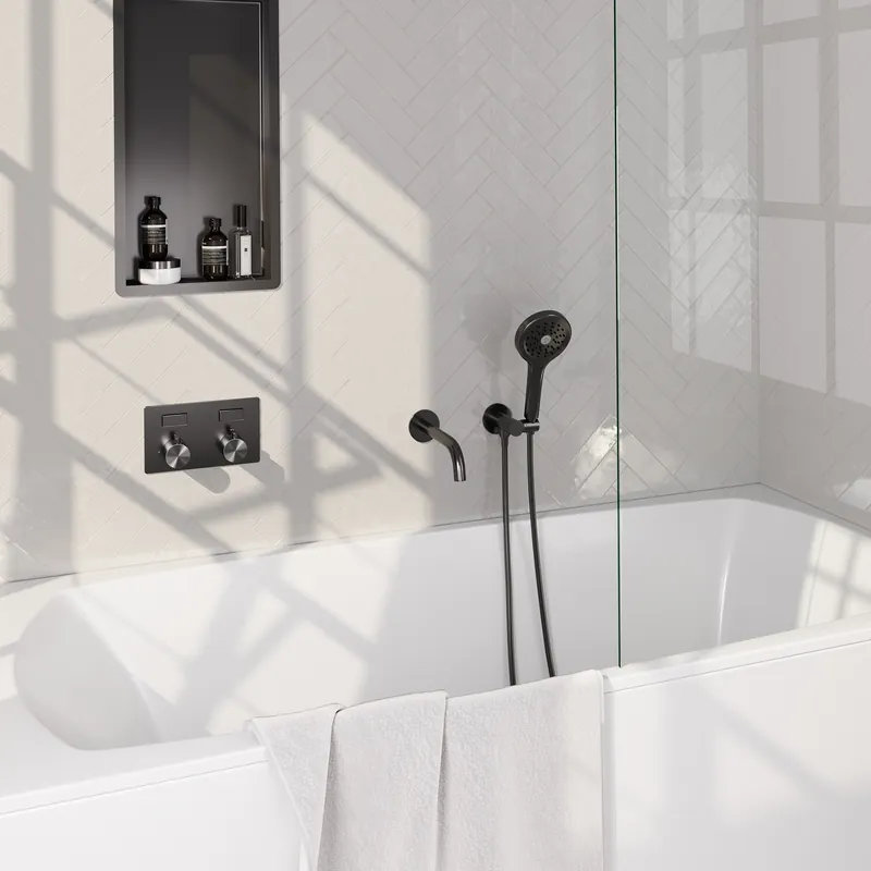 Actieprijs Brauer Gunmetal Edition Thermostatische Inbouw Badkraan met Omstel, Uitloop, Drukknoppen, Wandhouder met Wateruitlaat, 3-Standen Handdouche & Doucheslang - Set 4 - Draaiknoppen - PVD - Geborsteld Gunmetal