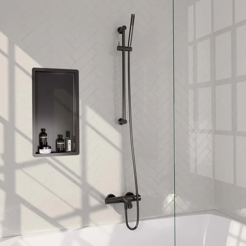 Korting Brauer Gunmetal Edition Thermostatische Opbouw Badkraan met Omstel, Glijstang, Staafhanddouche & Doucheslang - Set 1 - Draaiknoppen - PVD - Geborsteld Gunmetal