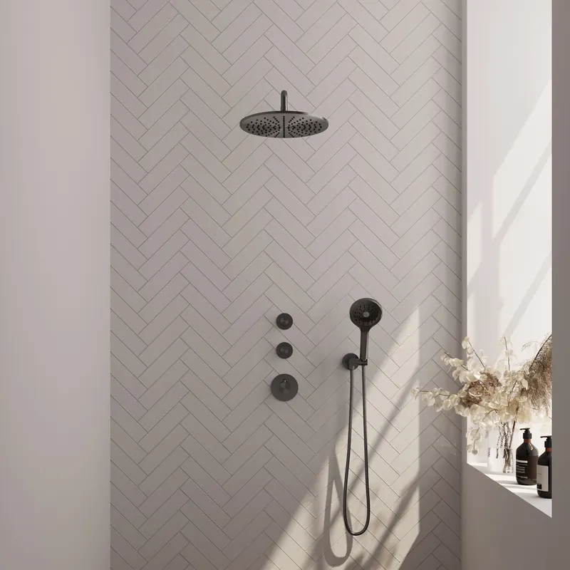 Brauer Gunmetal Editon Regendoucheset: Thermostatische Inbouwkraan met Stopkranen, Gebogen Wandarm, Douchekop 30cm, Wandhouder met Wateruitlaat, 3-Standen Handdouche & Doucheslang - Set 10 - Draaiknoppen - PVD - Geborsteld Gunmetal Flitsaanbieding