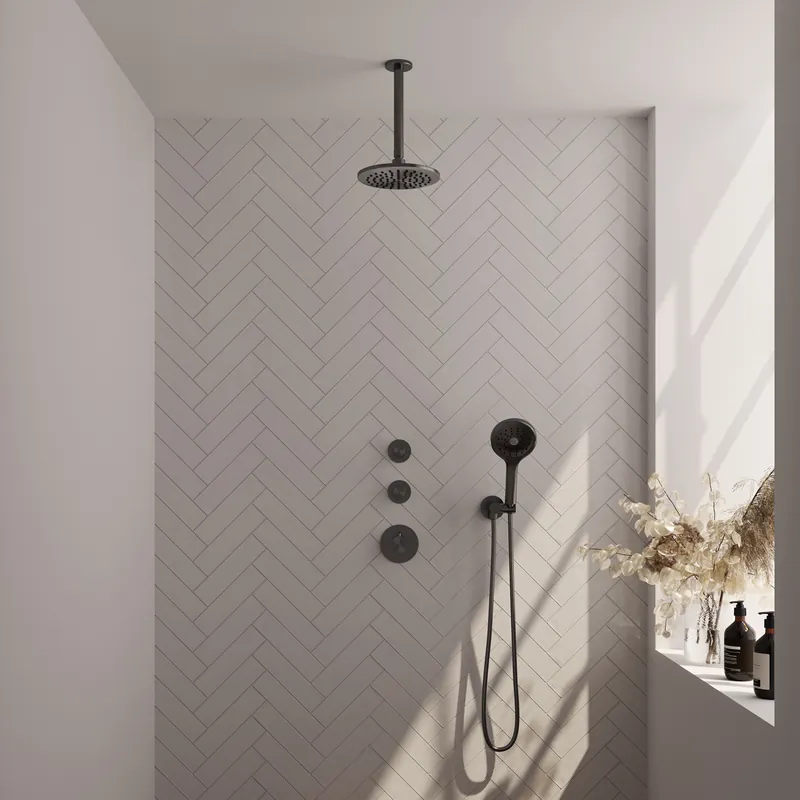 Actieprijs Brauer Gunmetal Editon Regendoucheset: Thermostatische Inbouwkraan met Stopkranen, Plafondarm, Douchekop 20cm, Wandhouder met Wateruitlaat, 3-Standen Handdouche & Doucheslang - Set 11 - Draaiknoppen - PVD - Geborsteld Gunmetal