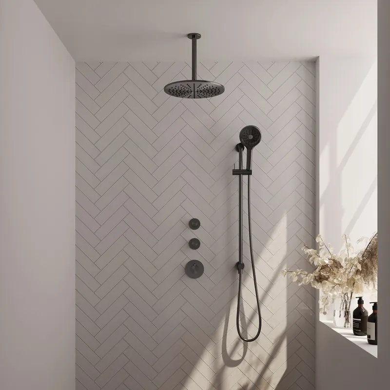 Brauer Gunmetal Editon Regendoucheset: Thermostatische Inbouwkraan met Stopkranen, Plafondarm, Douchekop 30cm, Glijstang met Wateruitlaat, 3-Standen Handdouche & Doucheslang - Set 24 - Draaiknoppen - PVD - Geborsteld Gunmetal Flitsaanbieding