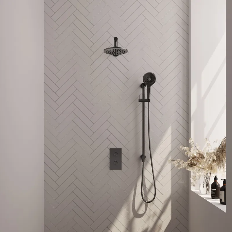 Brauer Gunmetal Editon Regendoucheset: Thermostatische Inbouwkraan met 3-Weg Omstel, Rechte Wandarm, Douchekop 20cm, Glijstang met Wateruitlaat, 3-Standen Handdouche & Doucheslang - Set 43 - Draaiknoppen - PVD - Geborsteld Gunmetal Betaalbaar