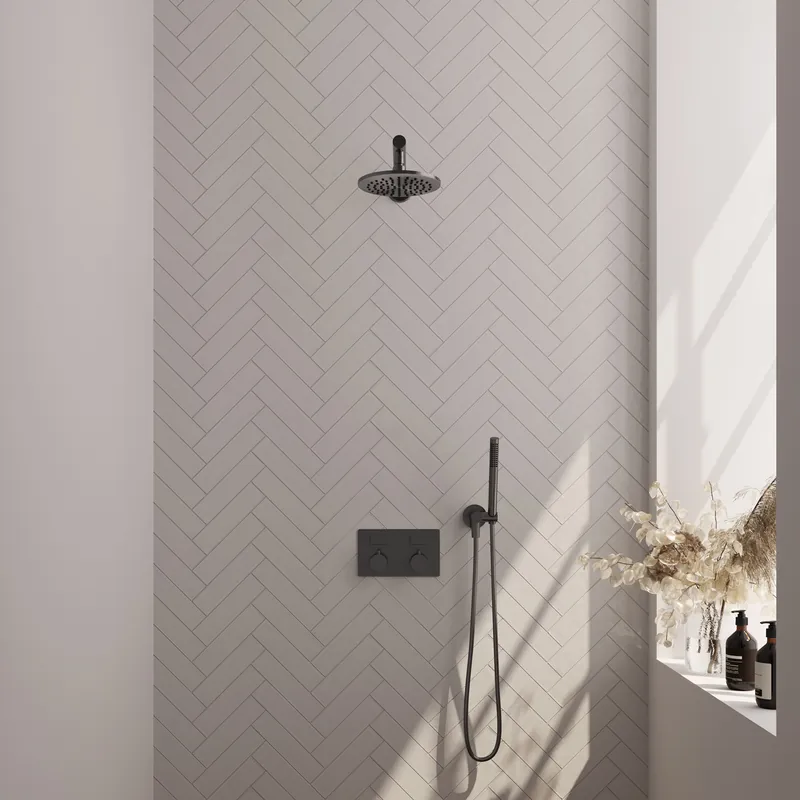 Must-Have Brauer Gunmetal Editon Regendoucheset: Thermostatische Inbouwkraan met Drukknoppen, Rechte Wandarm, Douchekop 20cm, Wandhouder met Wateruitlaat, Staafhanddouche & Doucheslang - Set 49 - Draaiknoppen - PVD - Geborsteld Gunmetal