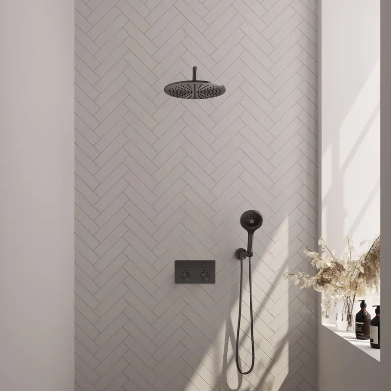 Brauer Gunmetal Editon Regendoucheset: Thermostatische Inbouwkraan met Drukknoppen, Gebogen Wandarm, Douchekop 30cm, Wandhouder met Wateruitlaat, 3-Standen Handdouche & Doucheslang - Set 58 - Draaiknoppen - PVD - Geborsteld Gunmetal Koop Vandaag