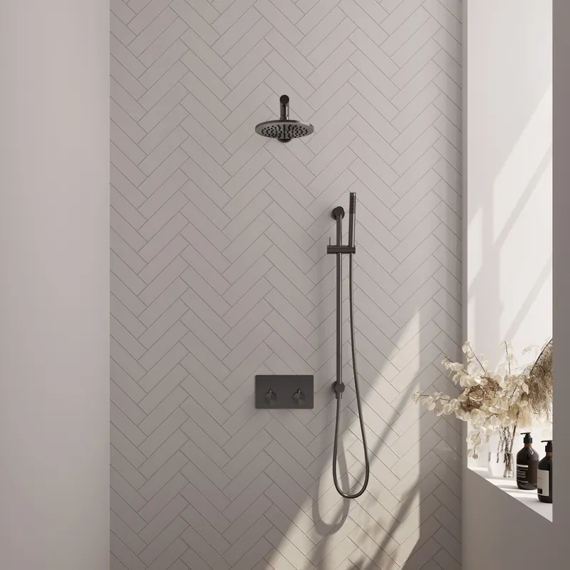 Brauer Gunmetal Editon Regendoucheset: Thermostatische Inbouwkraan met Drukknoppen, Rechte Wandarm, Douchekop 20cm, Glijstang met Wateruitlaat, Staafhanddouche & Doucheslang - Set 61 - Draaiknoppen - PVD - Geborsteld Gunmetal Speciale Aanbieding