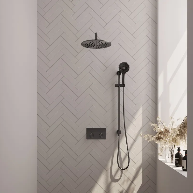Brauer Gunmetal Editon Regendoucheset: Thermostatische Inbouwkraan met Drukknoppen, Gebogen Wandarm, Douchekop 30cm, Glijstang met Wateruitlaat, 3-Standen Handdouche & Doucheslang - Set 70 - Draaiknoppen - PVD - Geborsteld Gunmetal Nu Kopen