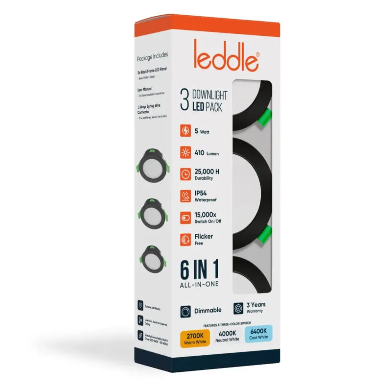 Hoge Kwaliteit Leddle Downlight Set met 3 Spots - 5W - IP54 - CCT - Dimbaar - Zwart