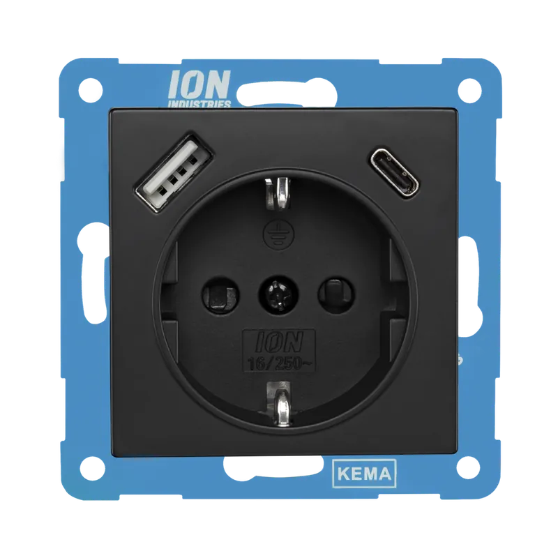 ION Industries Wandcontactdoos RA USB A + USB C met Aanraakbeveiliging V1/J1 Mat Zwart Fabrieksprijs