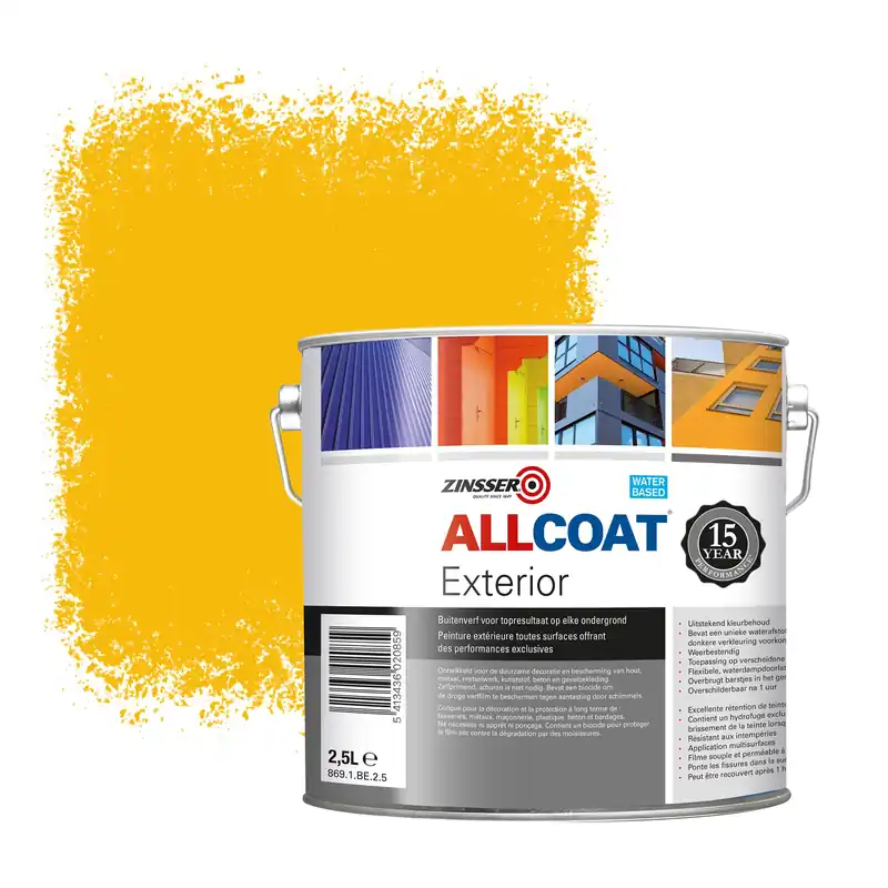 Zinsser Allcoat Exterior Muurverf RAL 1003 Signaalgeel - 2,5 liter Rechtstreeks Van De Fabrikant