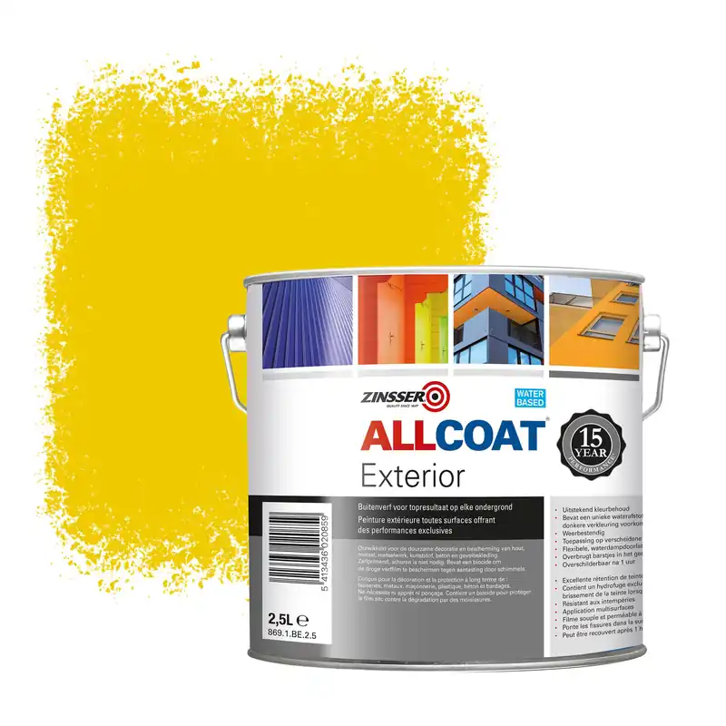 Tijdelijk Beschikbaar Zinsser Allcoat Exterior Muurverf RAL 1023 Verkeersgeel - 2,5 liter