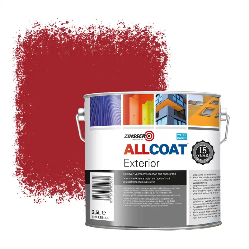 Zinsser Allcoat Exterior Muurverf RAL 3002 Karmijnrood - 2,5 liter Must-Have
