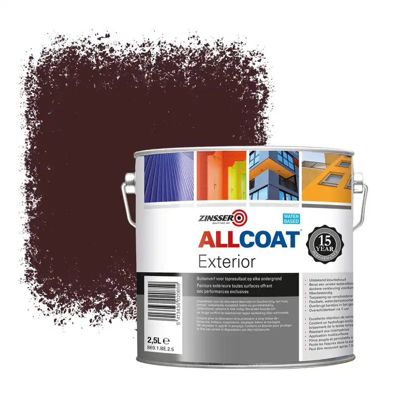 Gratis Retour Zinsser Allcoat Exterior Muurverf RAL 3007 Zwartrood - 2,5 liter