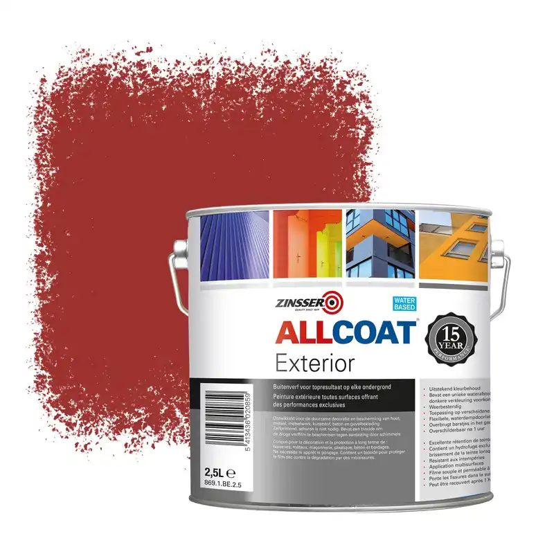 Zinsser Allcoat Exterior Muurverf RAL 3013 Tomatenrood - 2,5 liter Gecertificeerd