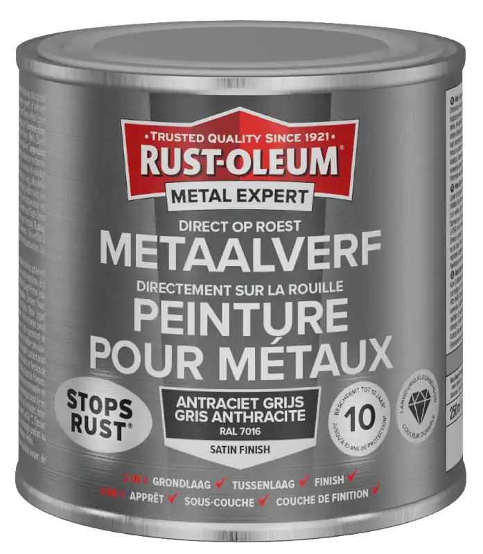 Rust-Oleum Metal Expert Direct Op Roest Metaal Verf Zijdeglans 250ml - RAL 7016 Favoriet