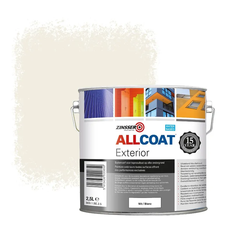 Zinsser Allcoat Exterior Muurverf RAL 9010 Zuiverwit - 2,5 liter Direct Beschikbaar