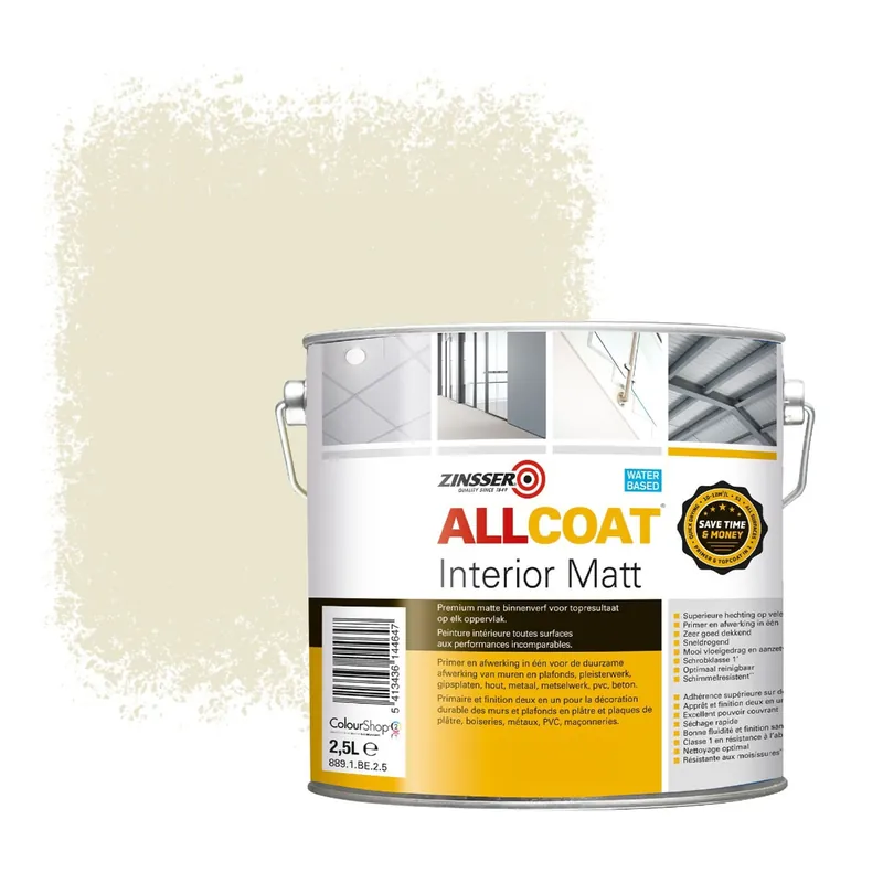 Exclusieve Aanbieding Zinsser Allcoat Interior Muurverf RAL 1013 Parelwit - 2,5 liter