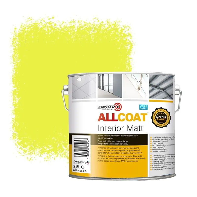 Gereduceerde Prijs Zinsser Allcoat Interior Muurverf RAL 1016 Zwavelgeel - 2,5 liter