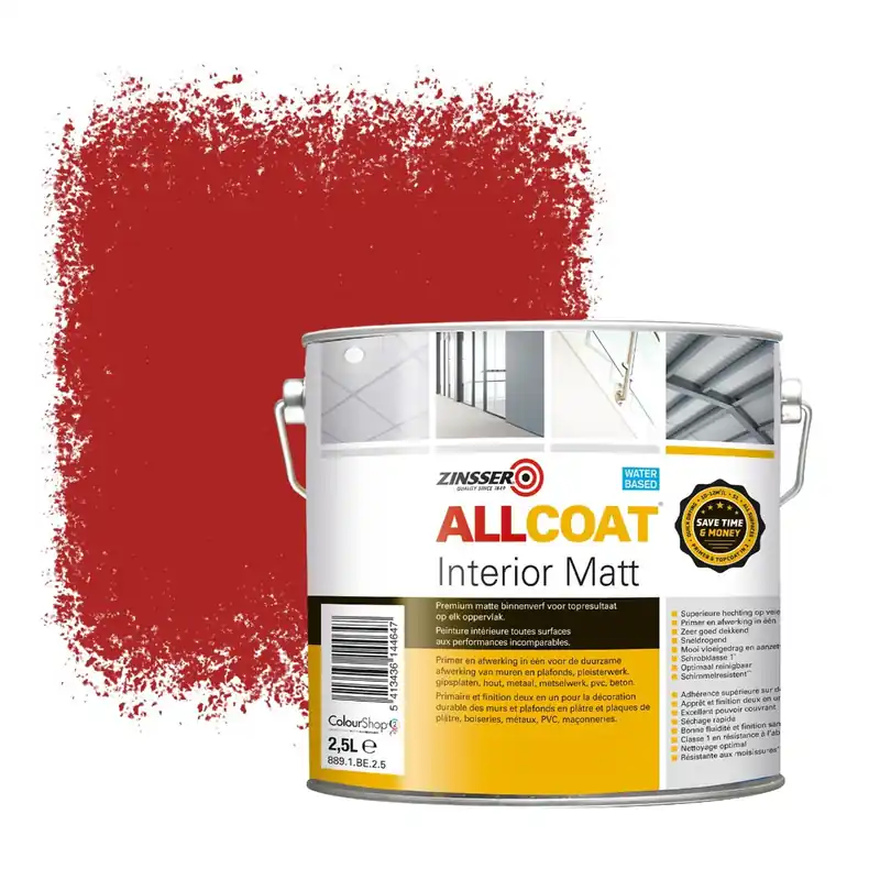 Uitverkoop Zinsser Allcoat Interior Muurverf RAL 3000 Vuurrood - 2,5 liter