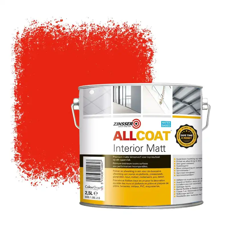 Zinsser Allcoat Interior Muurverf RAL 3028 Zuiverrood - 2,5 liter Speciale Aanbieding