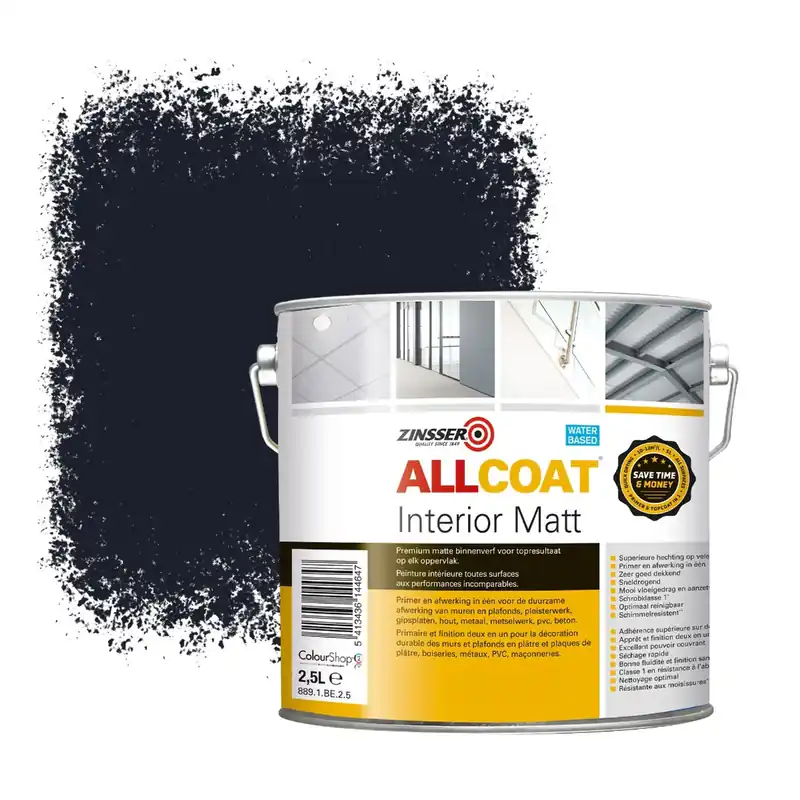 Flitsaanbieding Zinsser Allcoat Interior Muurverf RAL 5004 Zwartblauw - 2,5 liter