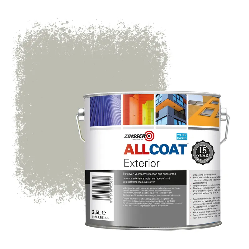 Express Levering Zinsser Allcoat Exterior Muurverf RAL 7044 Zijdegrijs - 2,5 liter