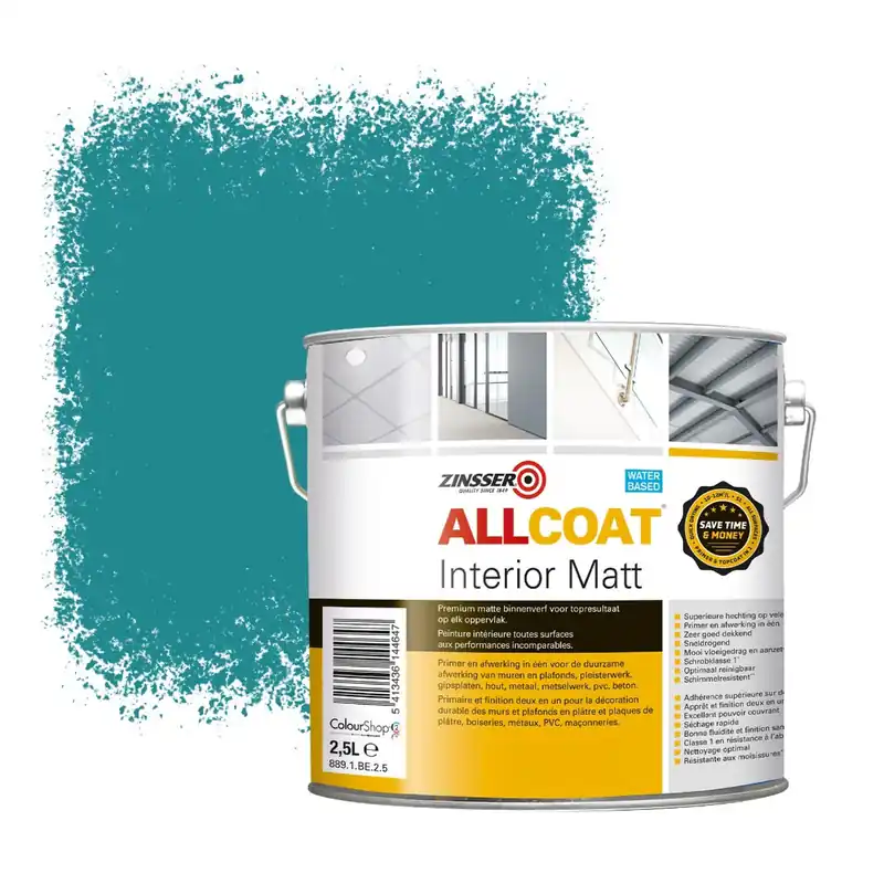 Zinsser Allcoat Interior Muurverf RAL 5018 Turkooisblauw - 2,5 liter Exclusieve Aanbieding