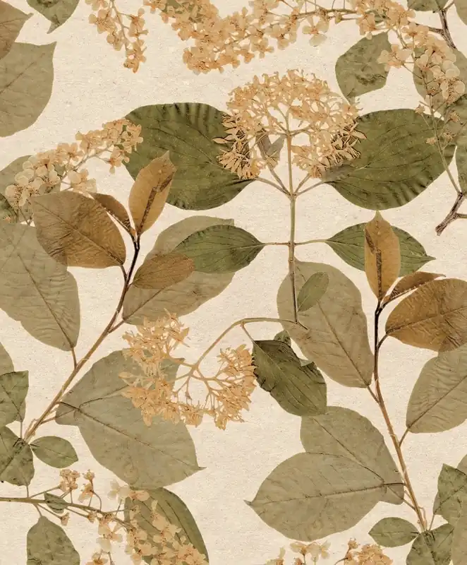 Laatste Versie Decoprint Herbarium Behang met bladeren en bloemen - HE27231
