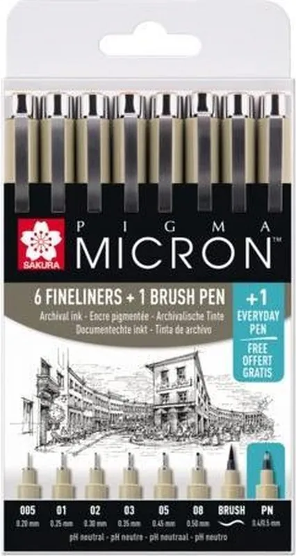 Royal Talens Pigma Micron Etui Promotieset met 7 fineliners Zwart + 1 gratis Pigma Micron PN - Zwart Premium